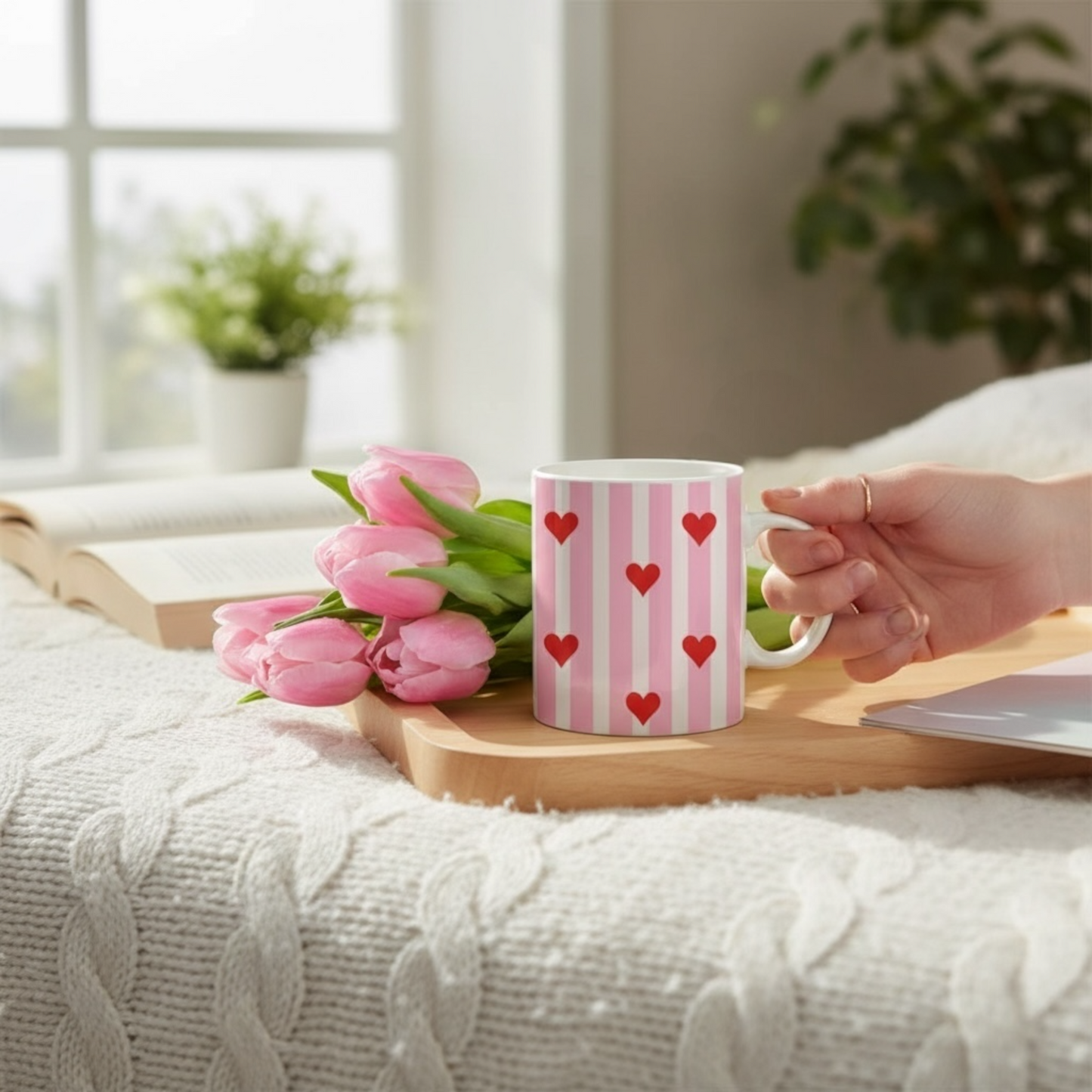 Colorful ceramic mug with pink stripes and hearts, ideal for cozy mornings at home