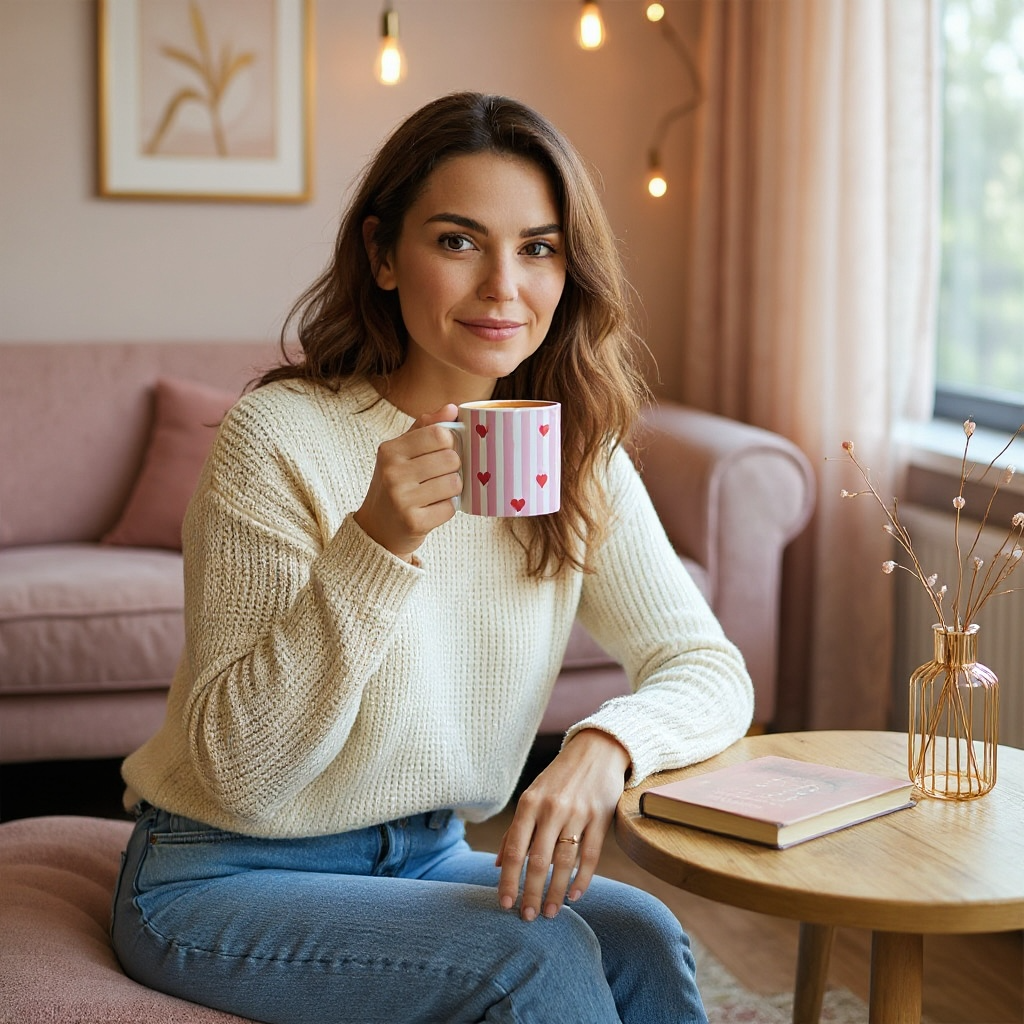 Dabble Doll ceramic mug with heart pattern held by a woman in a cozy living room