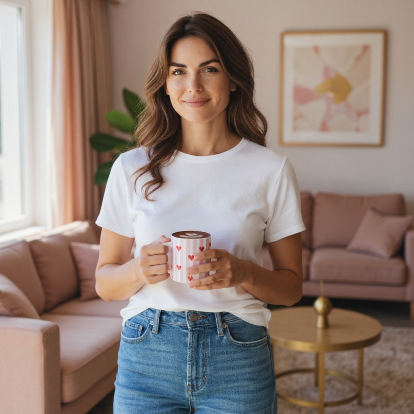 Woman holding a ceramic mug with heart design in a cozy living room setting