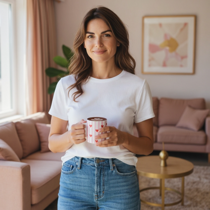 Woman holding a ceramic mug with heart design in a cozy living room setting