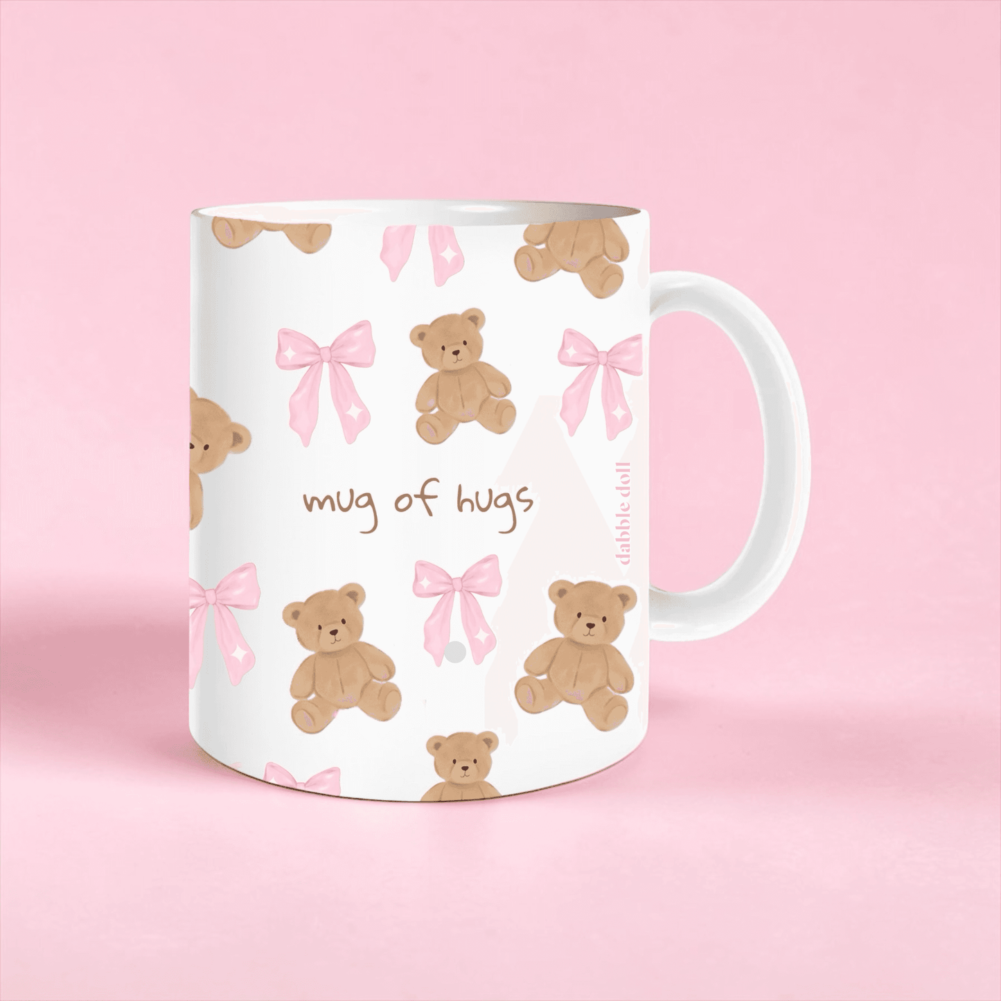 Dabble Doll cute coffee ceramic mug featuring teddy bears and pink bows for a cozy drink