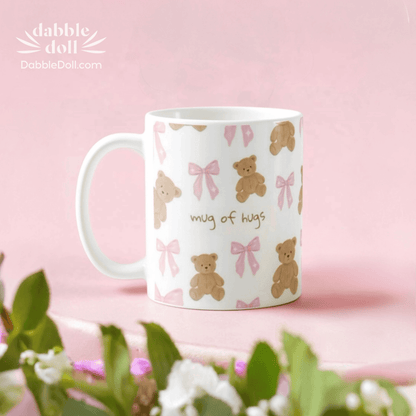 Cute coffee ceramic mug with teddy bear and bow designs, perfect for cozy mornings