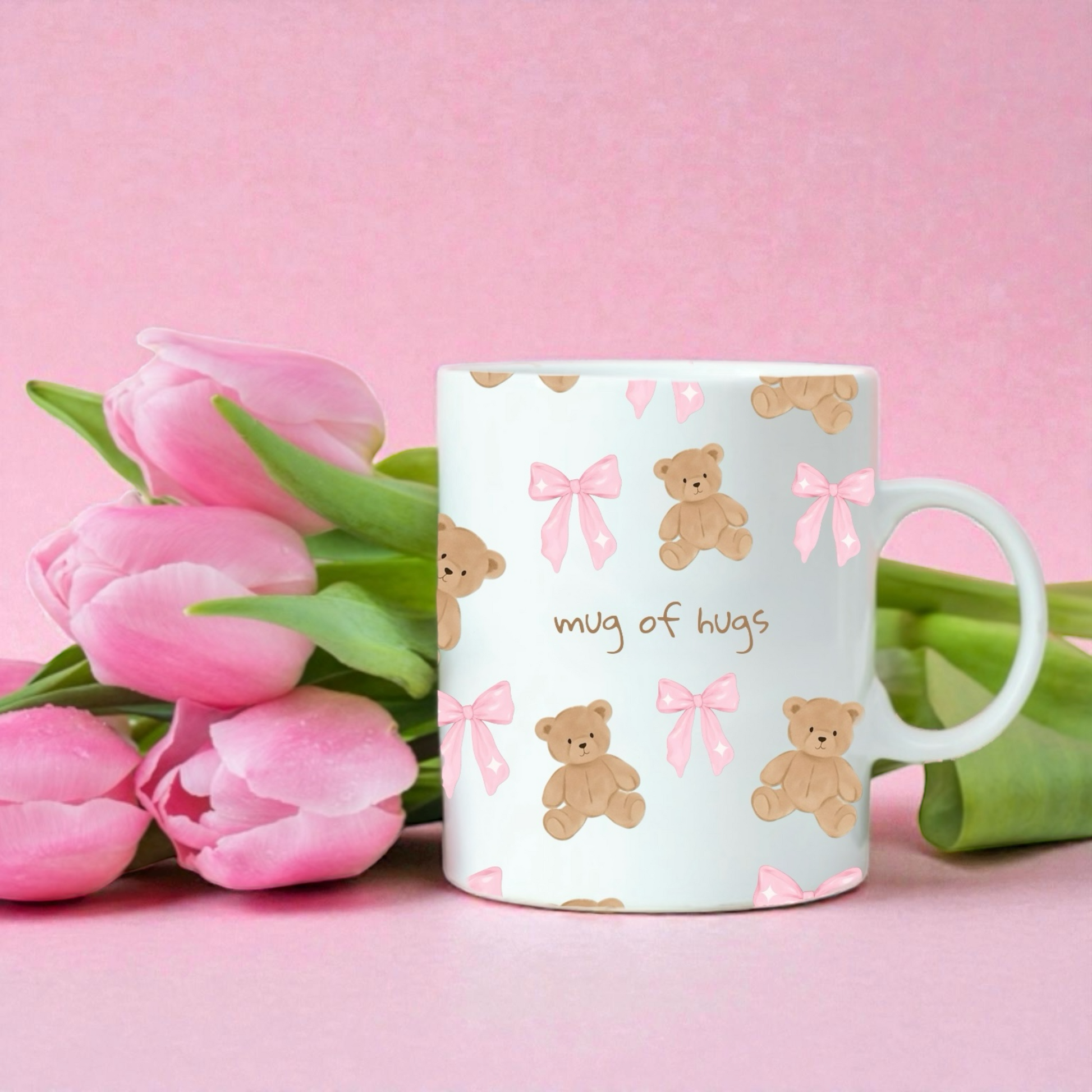 Cute Dabble Doll coffee ceramic mug with teddy bears and pink bows on a floral background