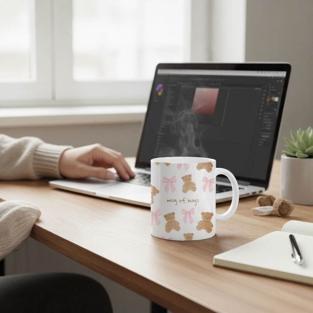 Dabble Doll coffee ceramic mug with teddy bear and pink bow design, perfect for cozy mornings