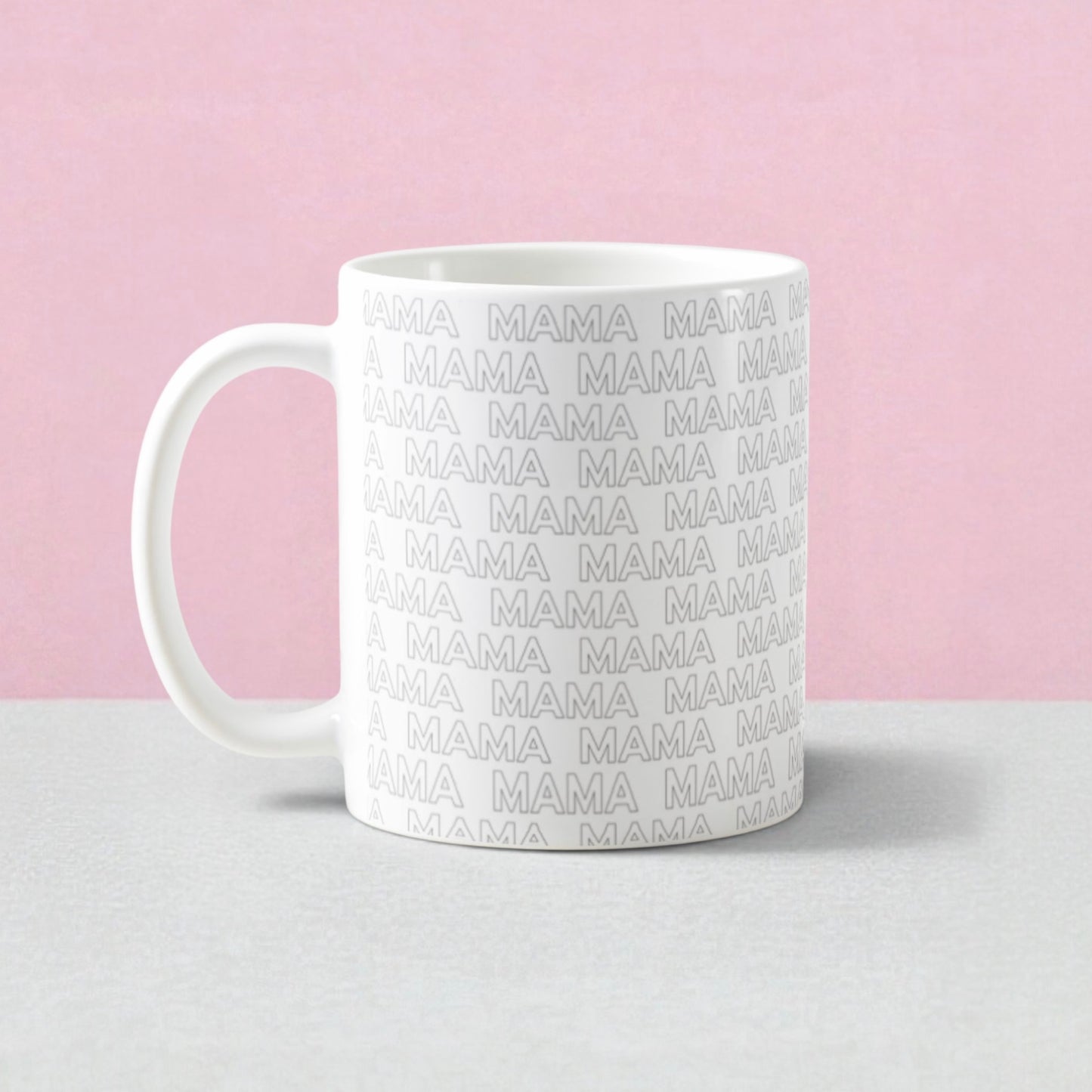 White coffee mug with repeated 'MAMA' text design, perfect for Mother's Day gifts