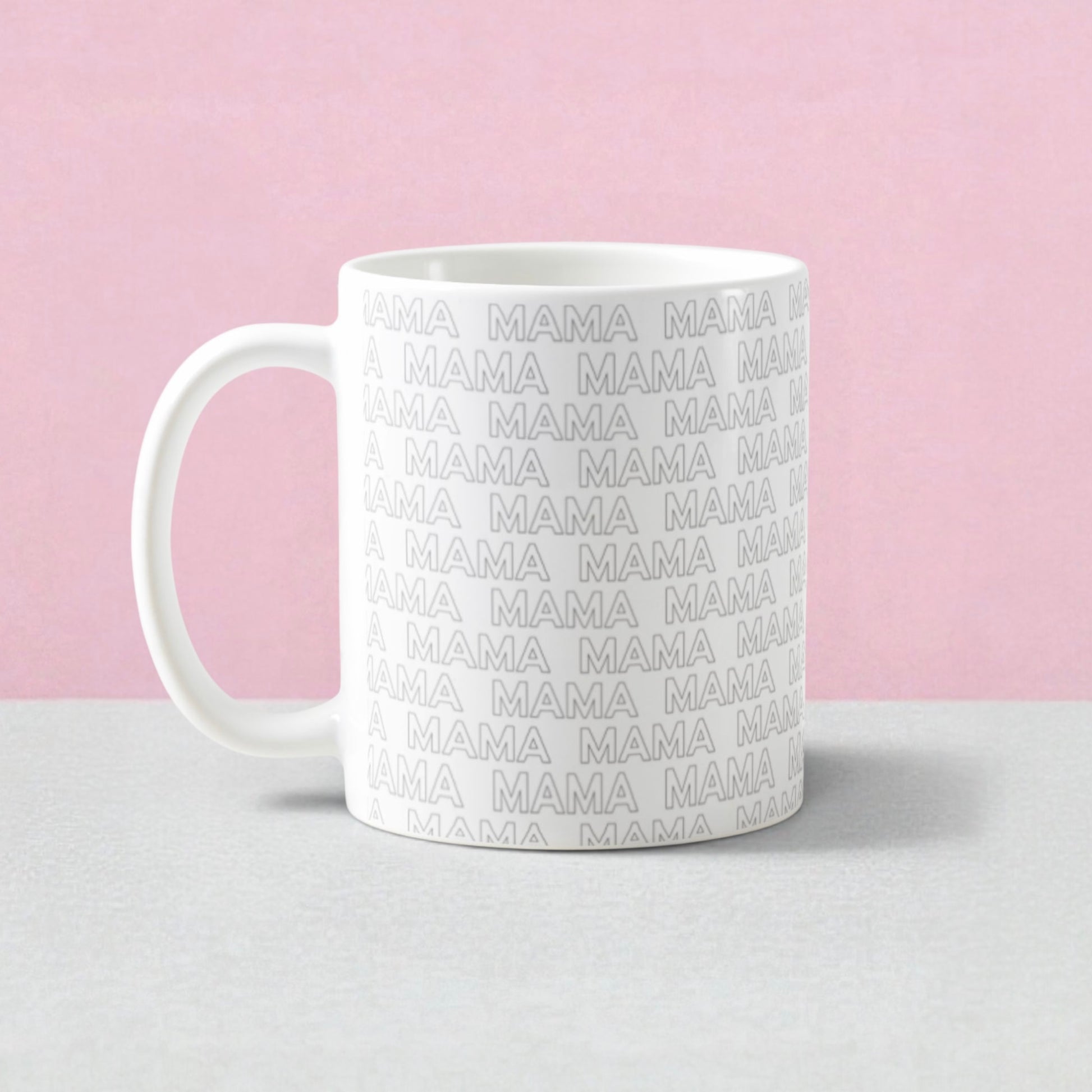 White coffee mug with repeated 'MAMA' text design, perfect for Mother's Day gifts