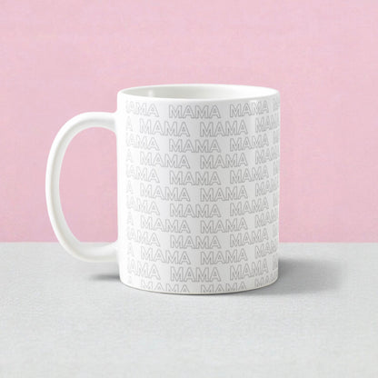 White coffee mug with repeated 'MAMA' text design, perfect for Mother's Day gifts