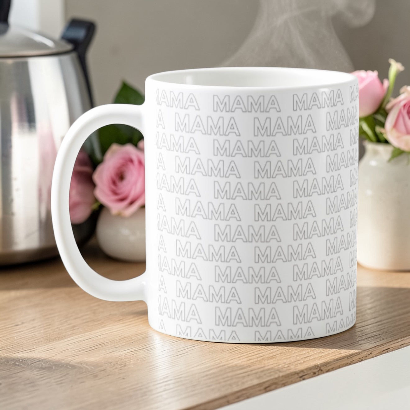 Dabble Doll coffee mug featuring a repeating 'MAMA' text design on a white background