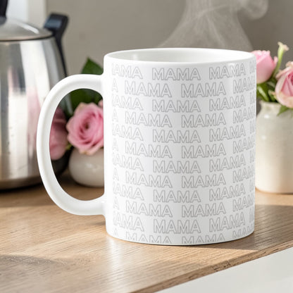 Dabble Doll coffee mug featuring a repeating 'MAMA' text design on a white background