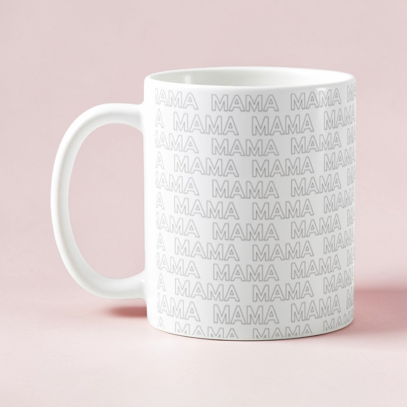 Dabble Doll white coffee mug featuring repeated 'MAMA' text design for moms