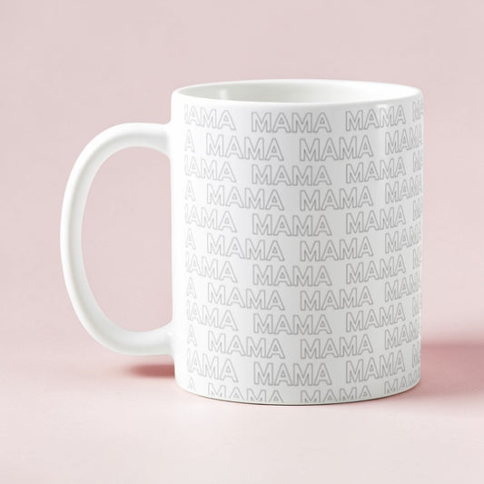 Dabble Doll white coffee mug featuring repeated 'MAMA' text design for moms