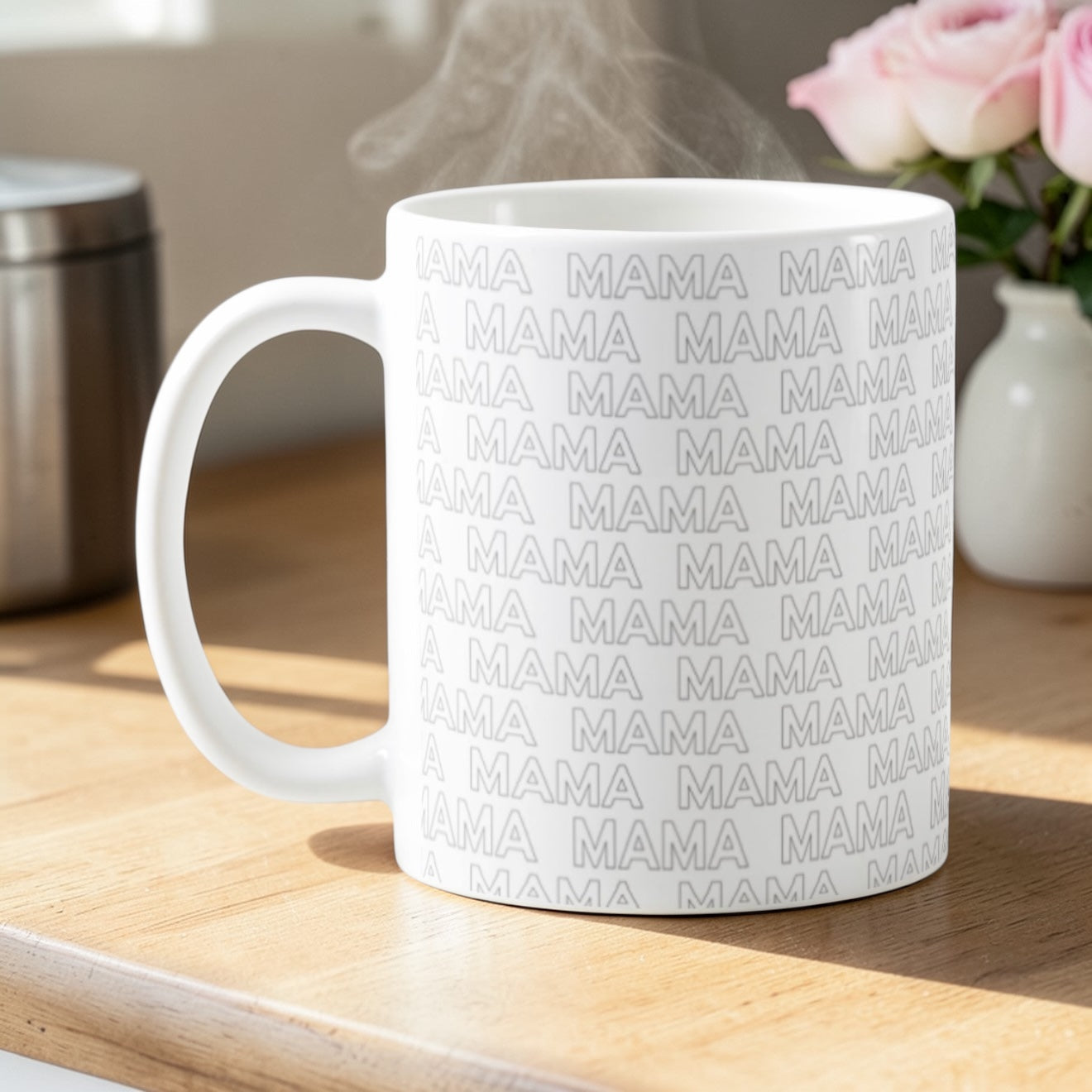 Dabble Doll coffee mug with repeating 'MAMA' design, perfect for moms enjoying their morning brew
