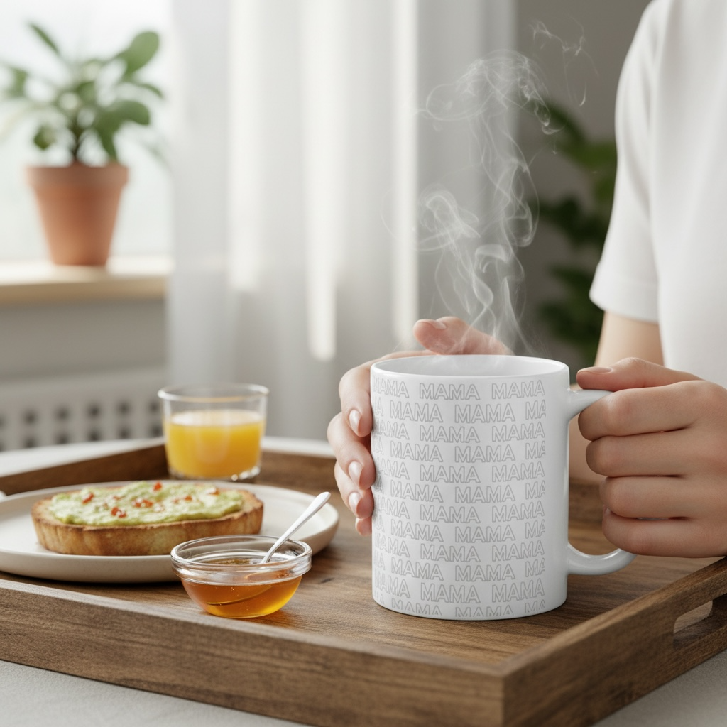 Dabble Doll coffee mug with 'Mama' print, steaming with breakfast on a wooden tray