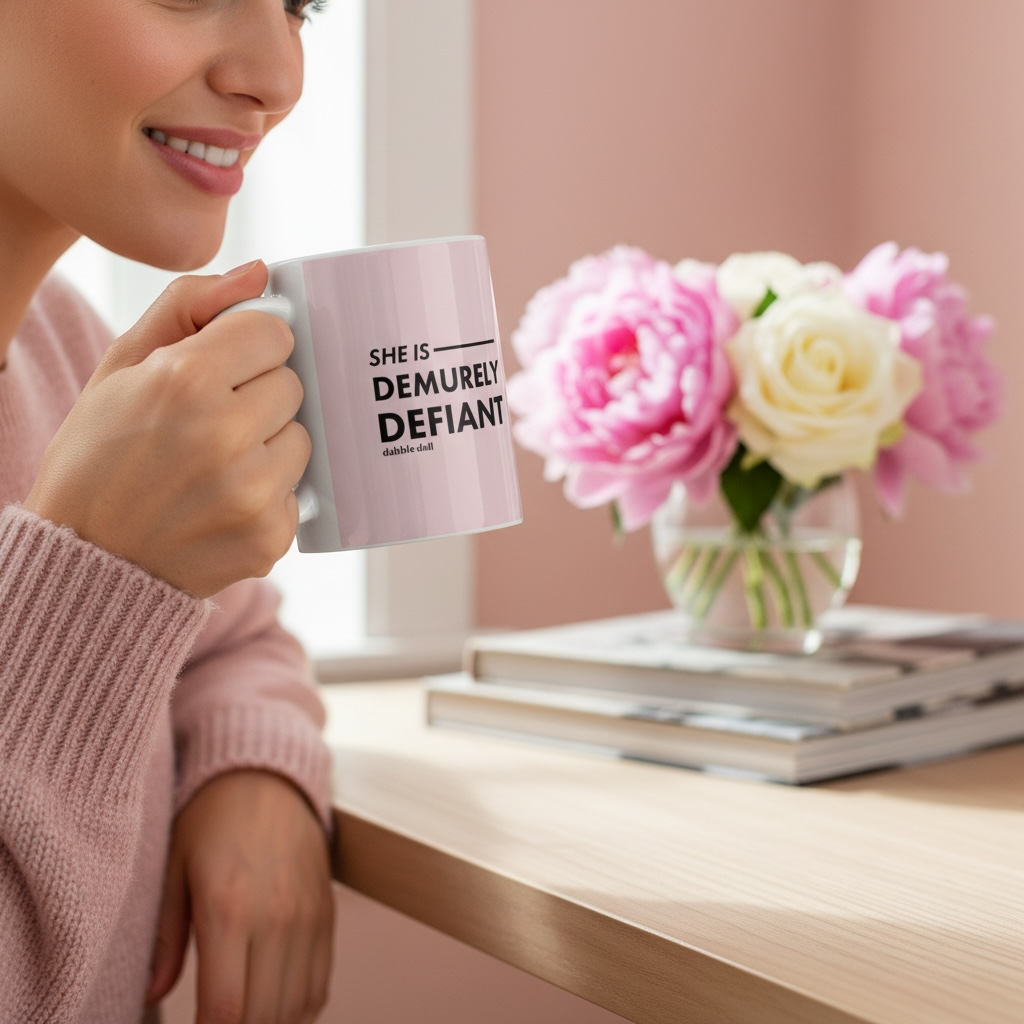 Gift box from Dabble Doll featuring a stylish coffee mug with the phrase She is Demurely Defiant