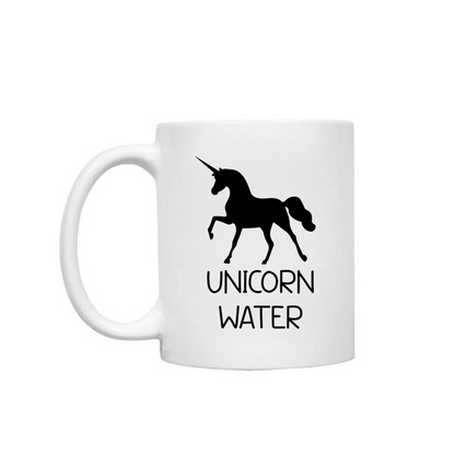 Dabble Doll Coffee mug featuring a black unicorn and text saying Unicorn Water