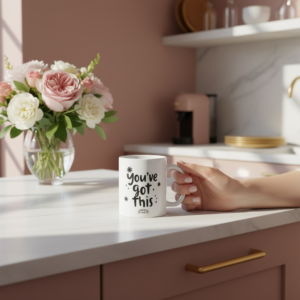 Dabble Doll gift box featuring a coffee mug with the phrase You've Got This and a floral arrangement