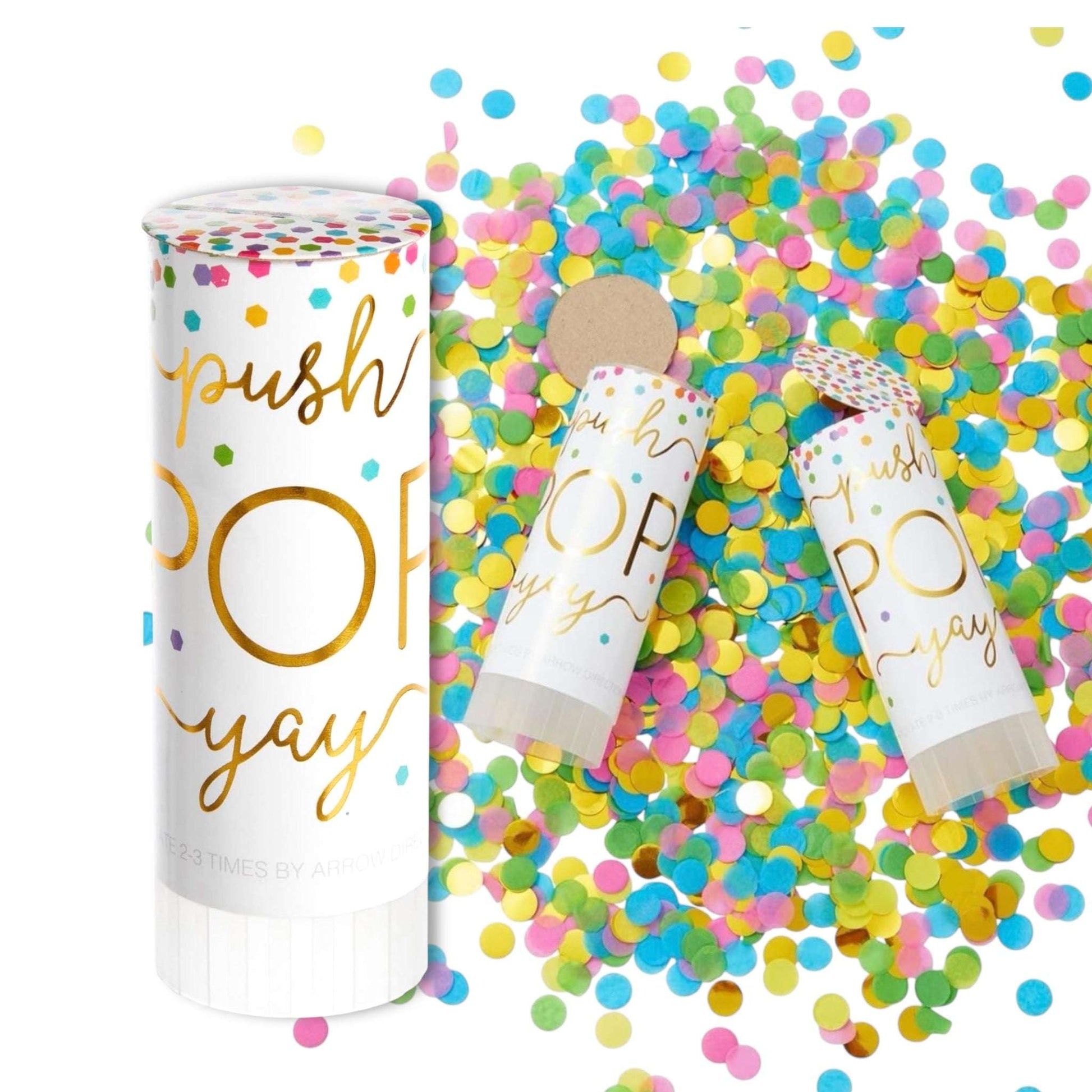 Colorful confetti popper for girls featuring pastel pink, blue, and yellow confetti for celebrations