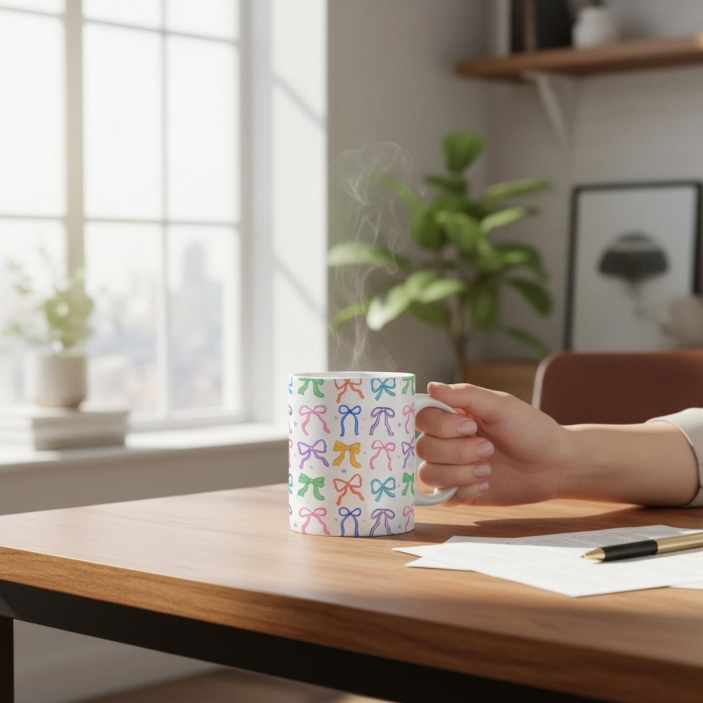 Coquette mug featuring colorful bows, perfect for enjoying hot beverages at home or office