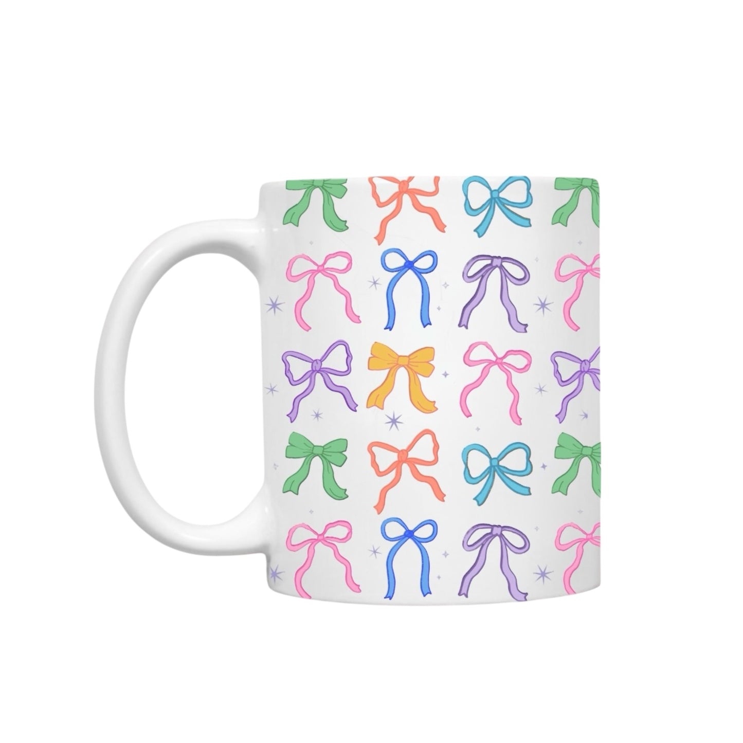 Dabble Doll Coquette mug featuring colorful bows in a playful design on a white background