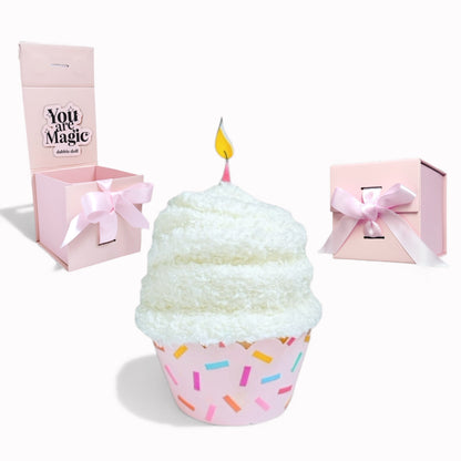 Dabble Doll Gift Box featuring cupcake socks with a festive cupcake design and bright colors