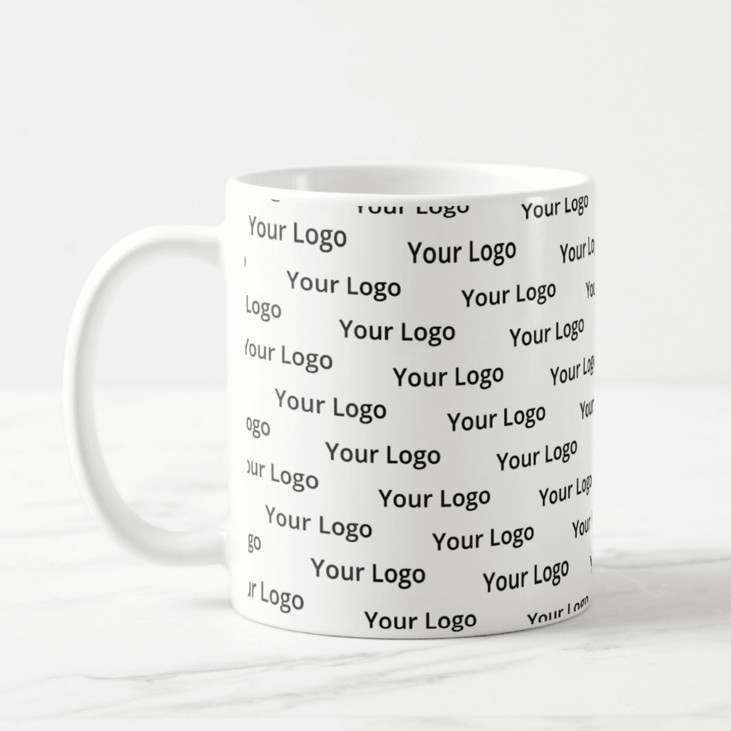 Custom Dabble Doll Mug featuring repeated logo design for branding and promotions