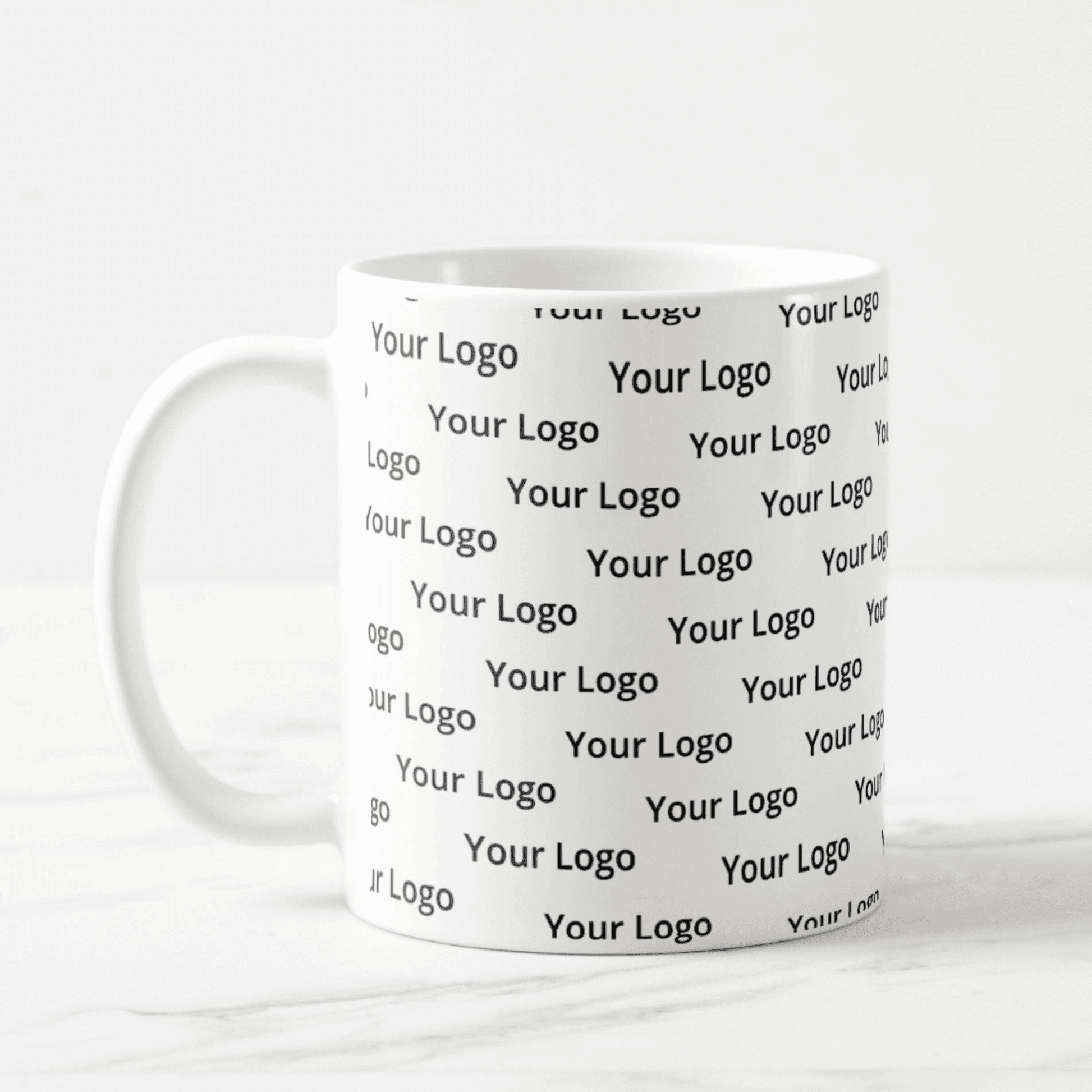 Custom Dabble Doll Mug featuring repeated logo design for branding and promotions