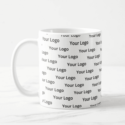 Custom Dabble Doll Mug featuring repeated logo design for branding and promotions
