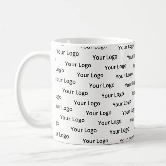 Custom Dabble Doll Mug featuring repeated logo design for branding and promotions