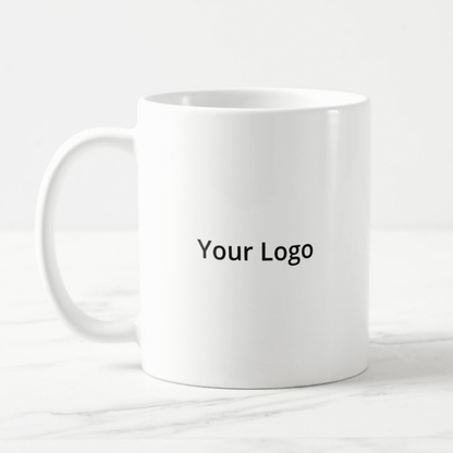 Customizable white ceramic mug featuring a personalized logo for branding and promotional use