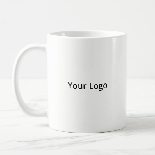 Customizable white ceramic mug featuring a personalized logo for branding and promotional use