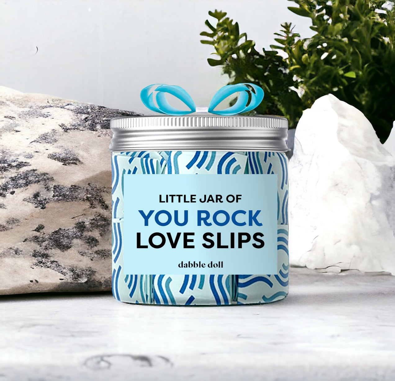 Dabble Doll Affirmation Jar in blue featuring uplifting love slips designed for girls and women