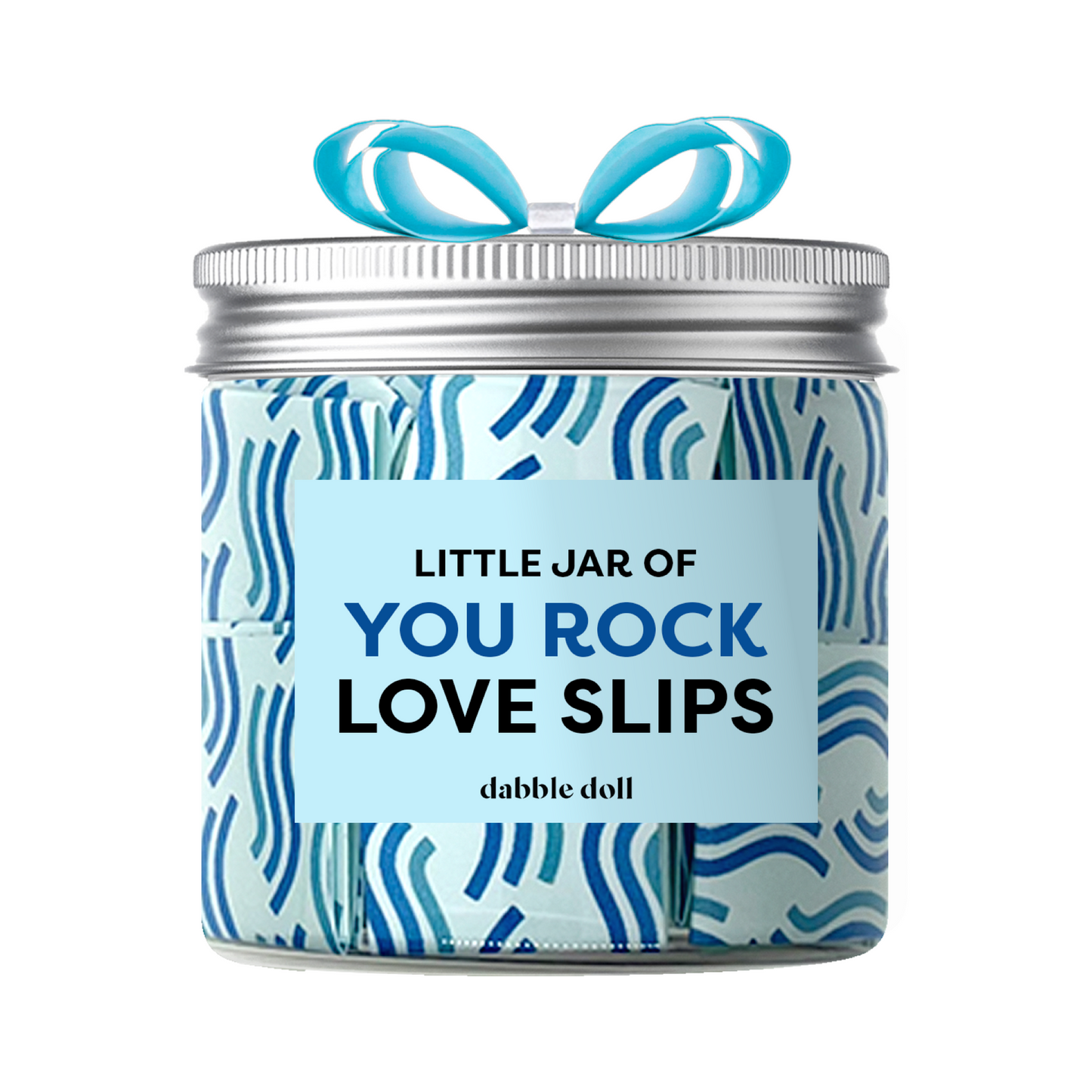 Dabble Doll affirmation jar in blue, filled with motivational love slips for girls and women