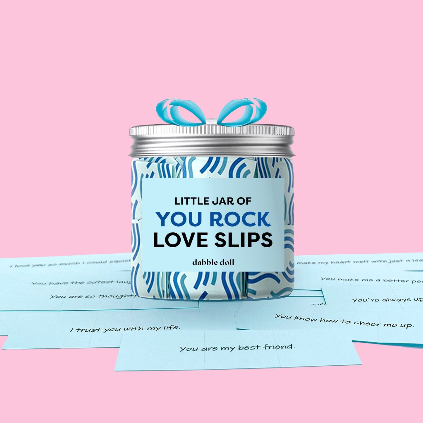 Dabble Doll blue affirmation jar with inspirational notes, perfect for girls and women