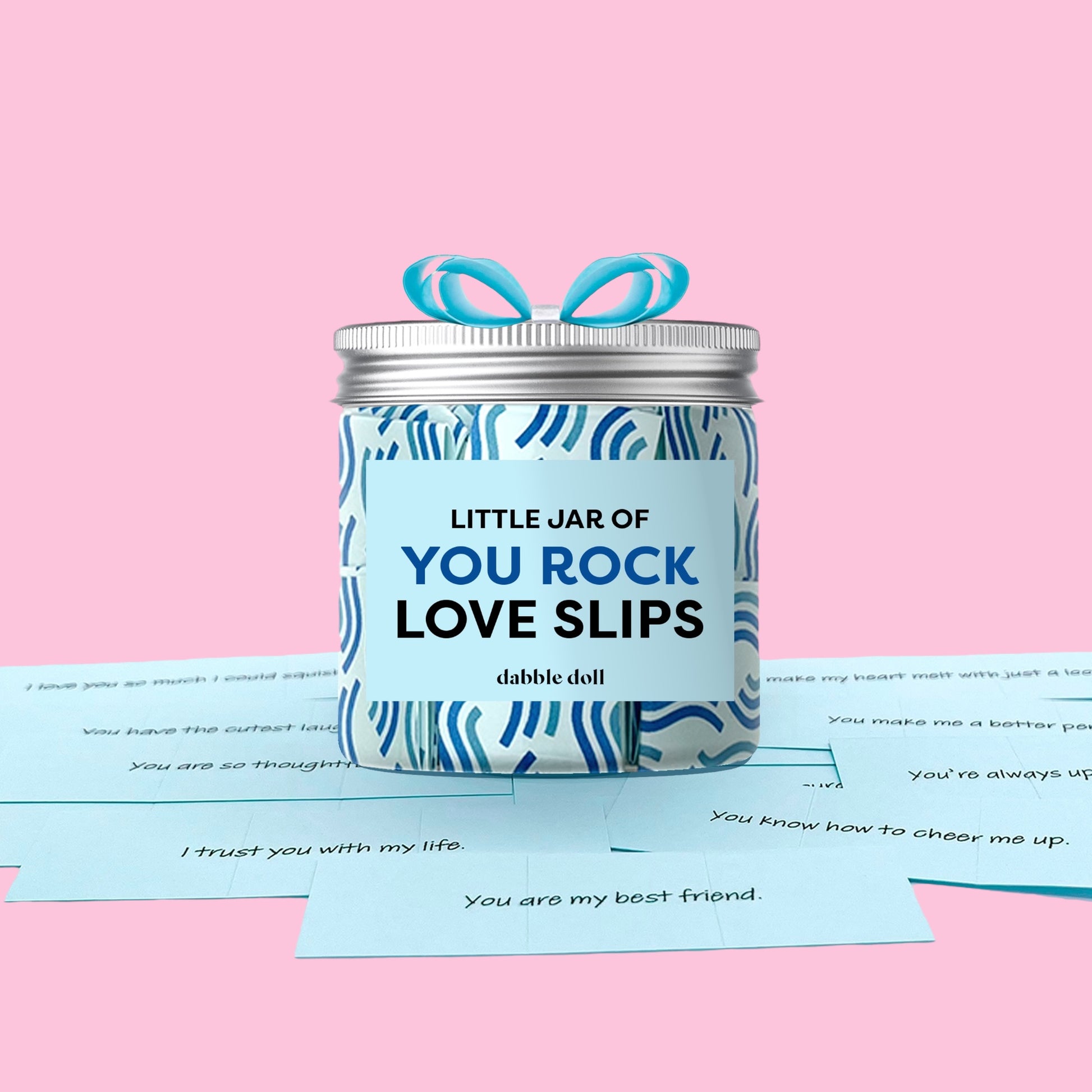 Dabble Doll blue affirmation jar with inspirational notes, perfect for girls and women