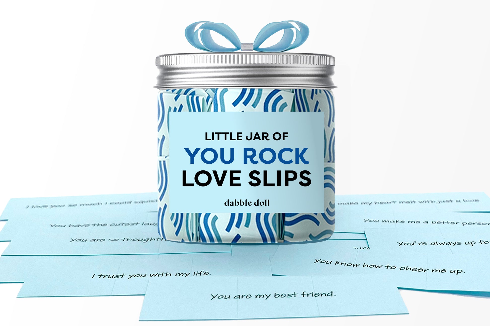 Blue Affirmation Jar by Dabble Doll designed for girls with positive message slips inside
