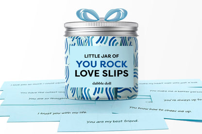 Blue Affirmation Jar by Dabble Doll designed for girls with positive message slips inside