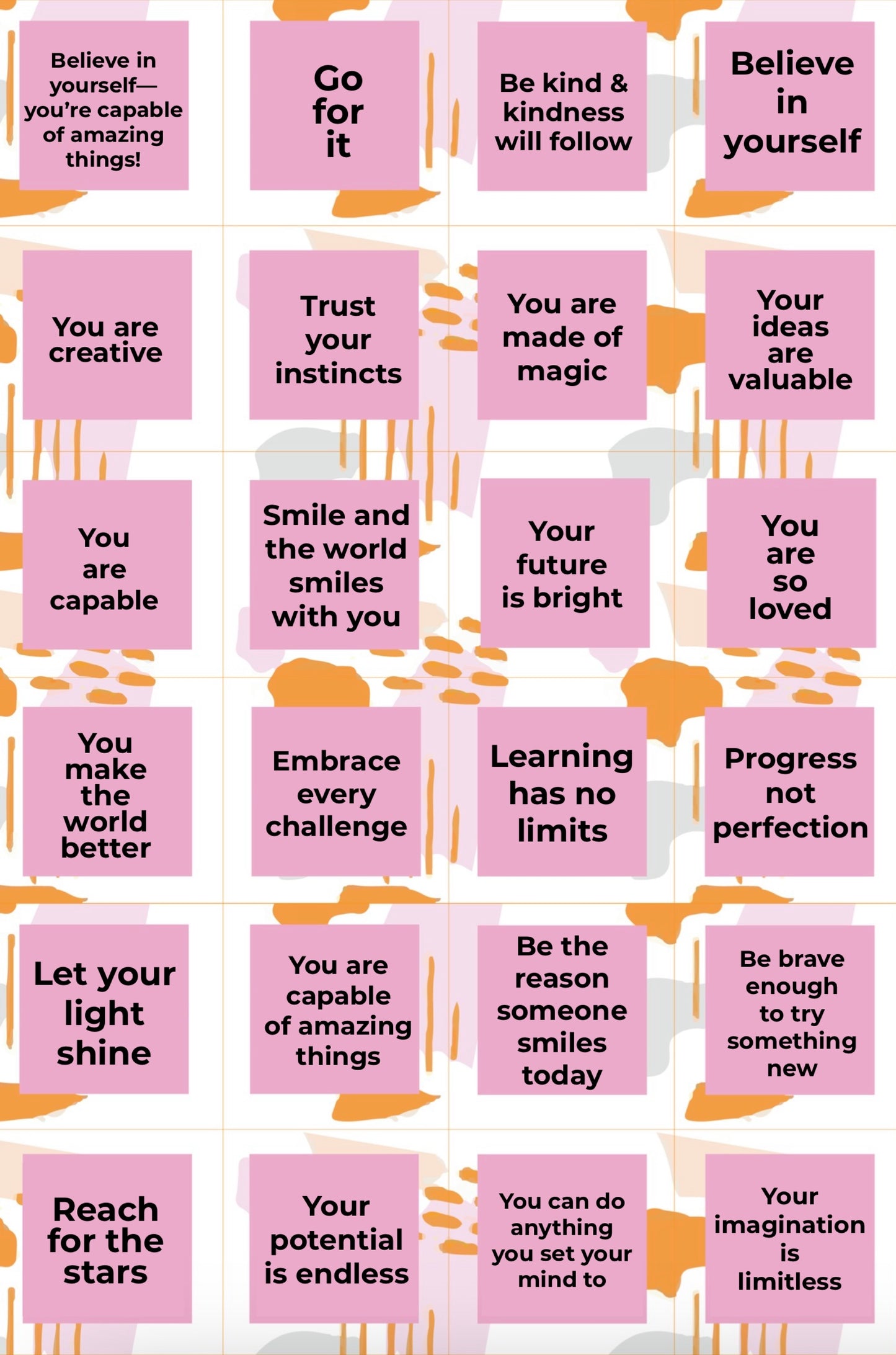 Dabble Doll Affirmations card set in pastel colors, empowering messages for girls and women