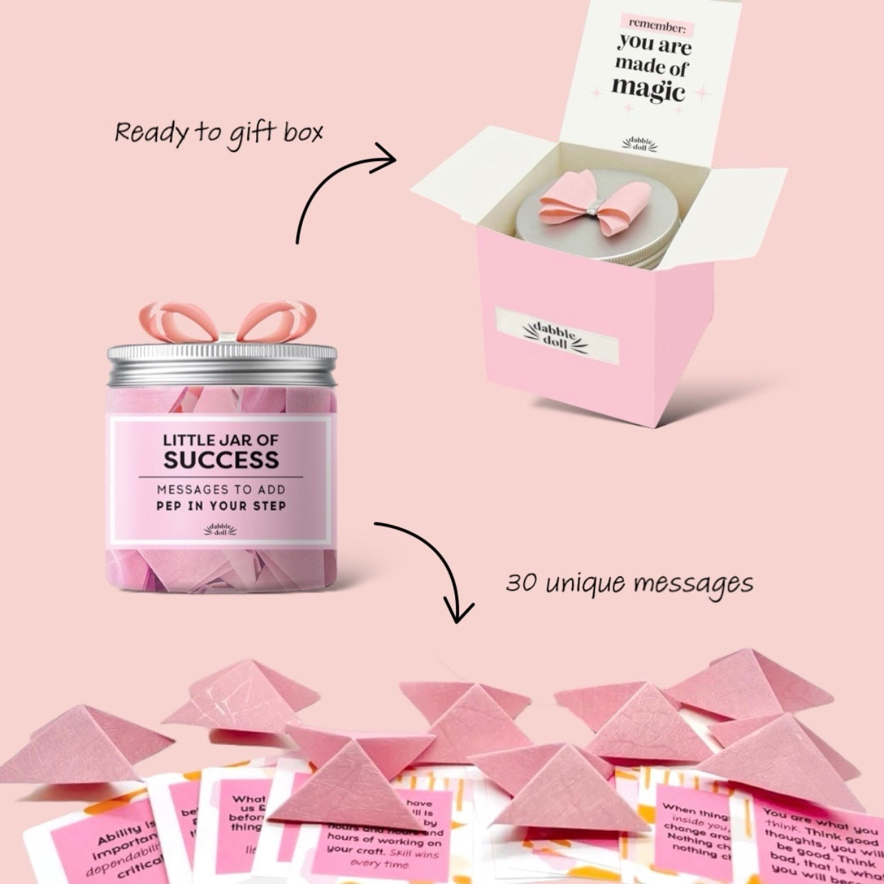 Dabble Doll Little Jar of Success in Pink, a gift for girls with affirmations and 30 unique messages