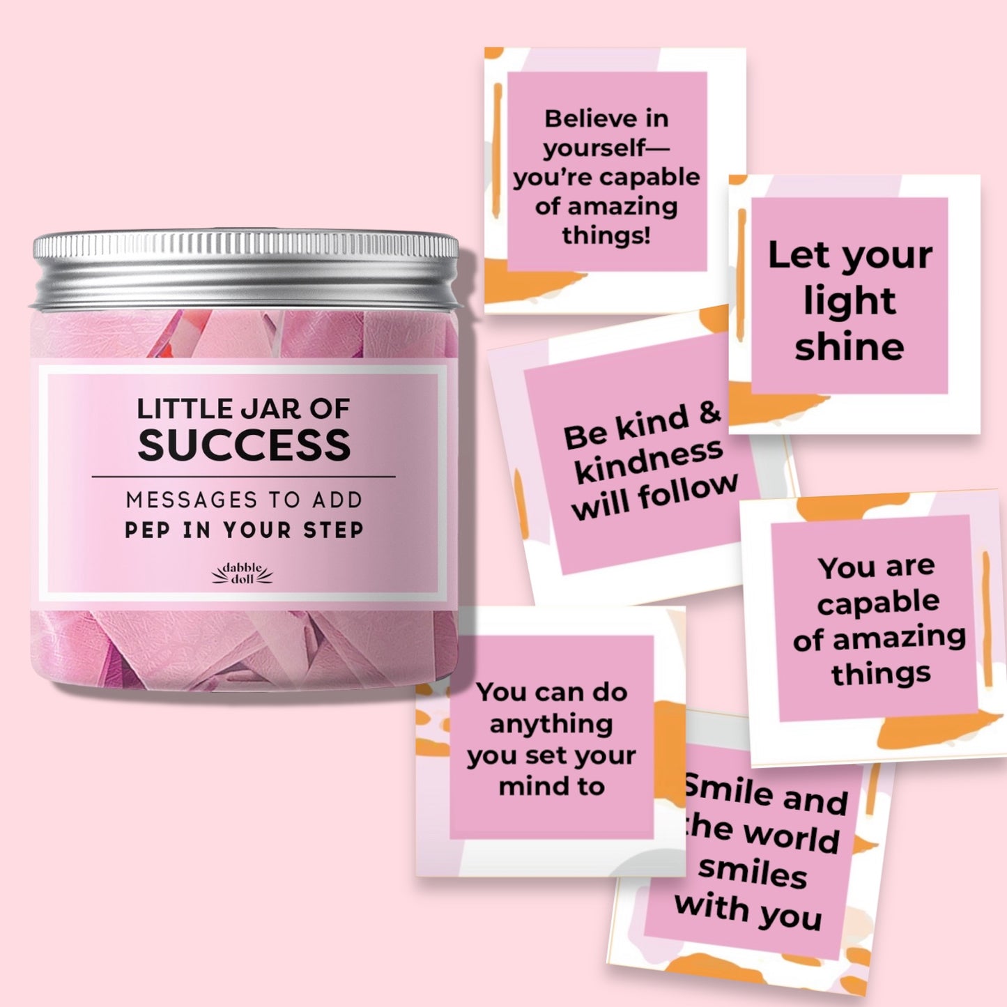 Dabble Doll Little Jar of Success for girls and women, featuring affirmations on colorful cards