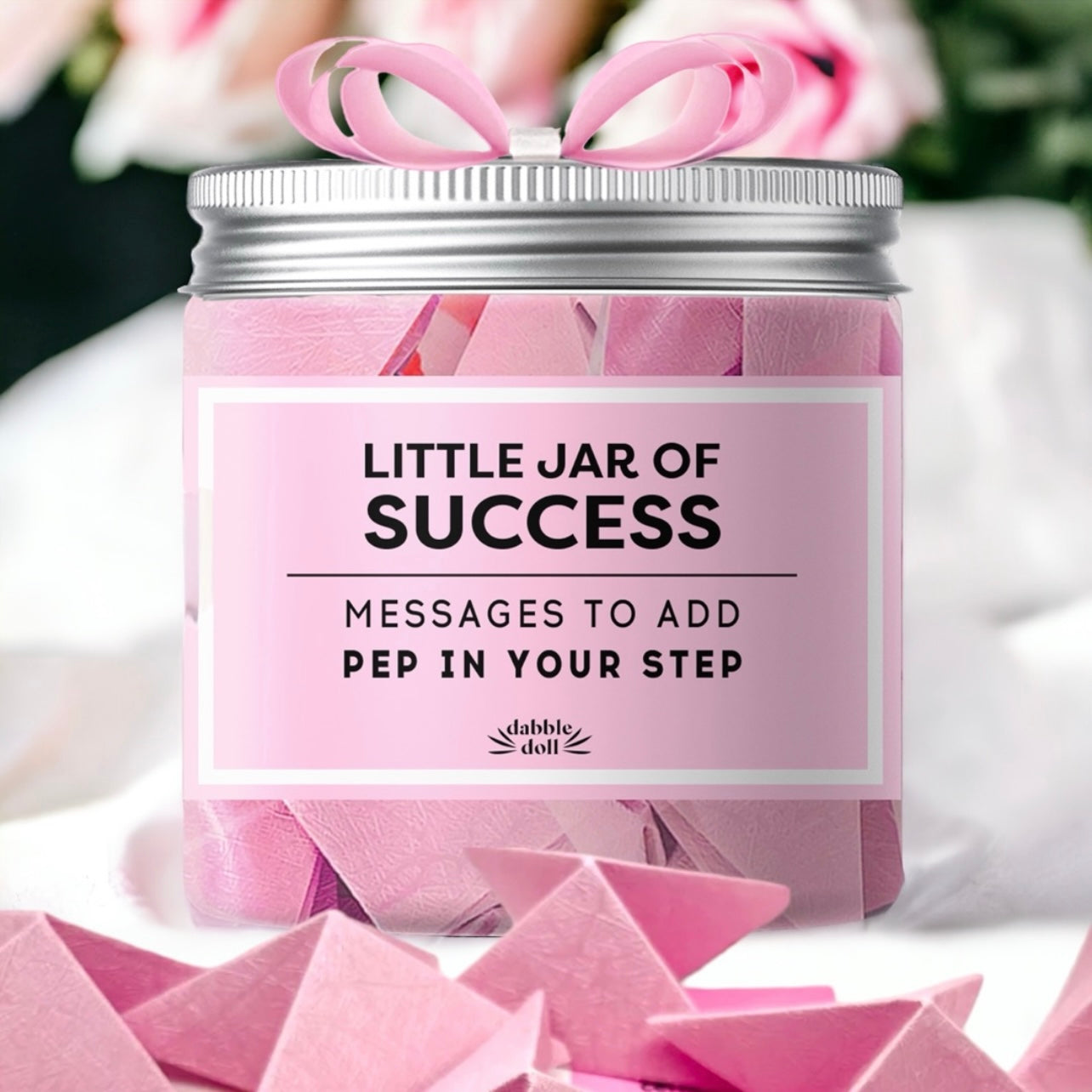 Dabble Doll Little Jar of Success in pink filled with affirmation messages for girls and women