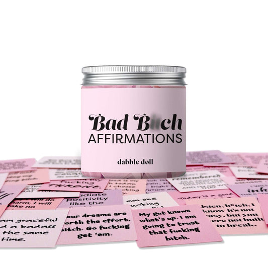 Dabble Doll badass bitch motivational jar with pink label and affirmation cards inside a gift box