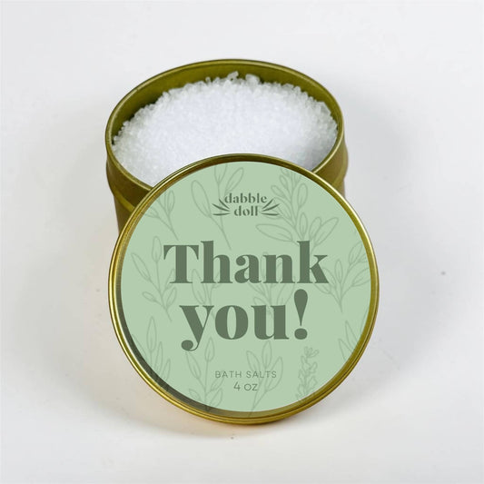 Dabble Doll Thank You Gift Box featuring 4 oz of fragrant bath salts in a decorative tin