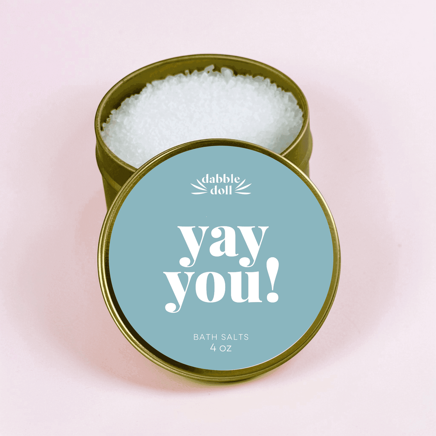 Dabble Doll Yay You Bath Salts in a 4 oz tin jar for a relaxing bath experience