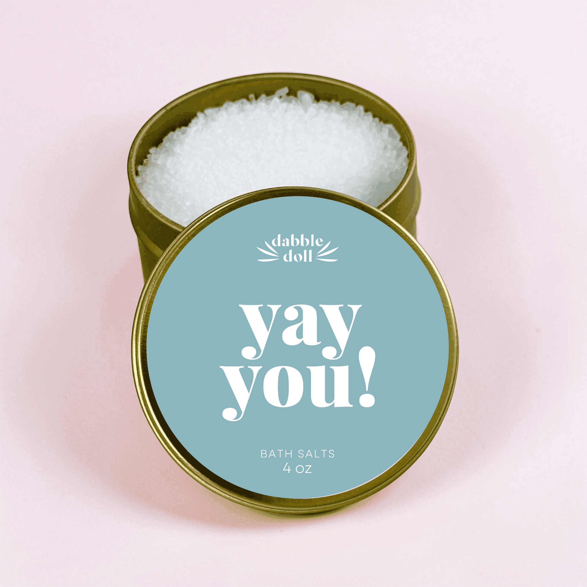 Dabble Doll Yay You Bath Salts in a 4 oz tin jar for a relaxing bath experience