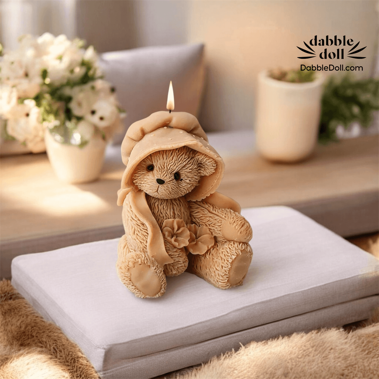 Dabble Doll Bear Candle in Soft Brown with Hood and Floral Detail for Unique Gift Box