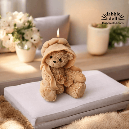 Dabble Doll Bear Candle in Soft Brown with Hood and Floral Detail for Unique Gift Box