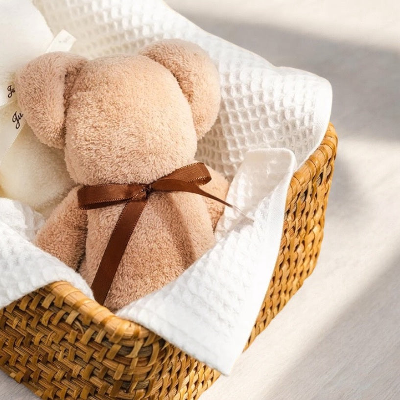 Tan Dabble Doll Plush Bear with Brown Ribbon in Woven Basket for Girls and Ladies