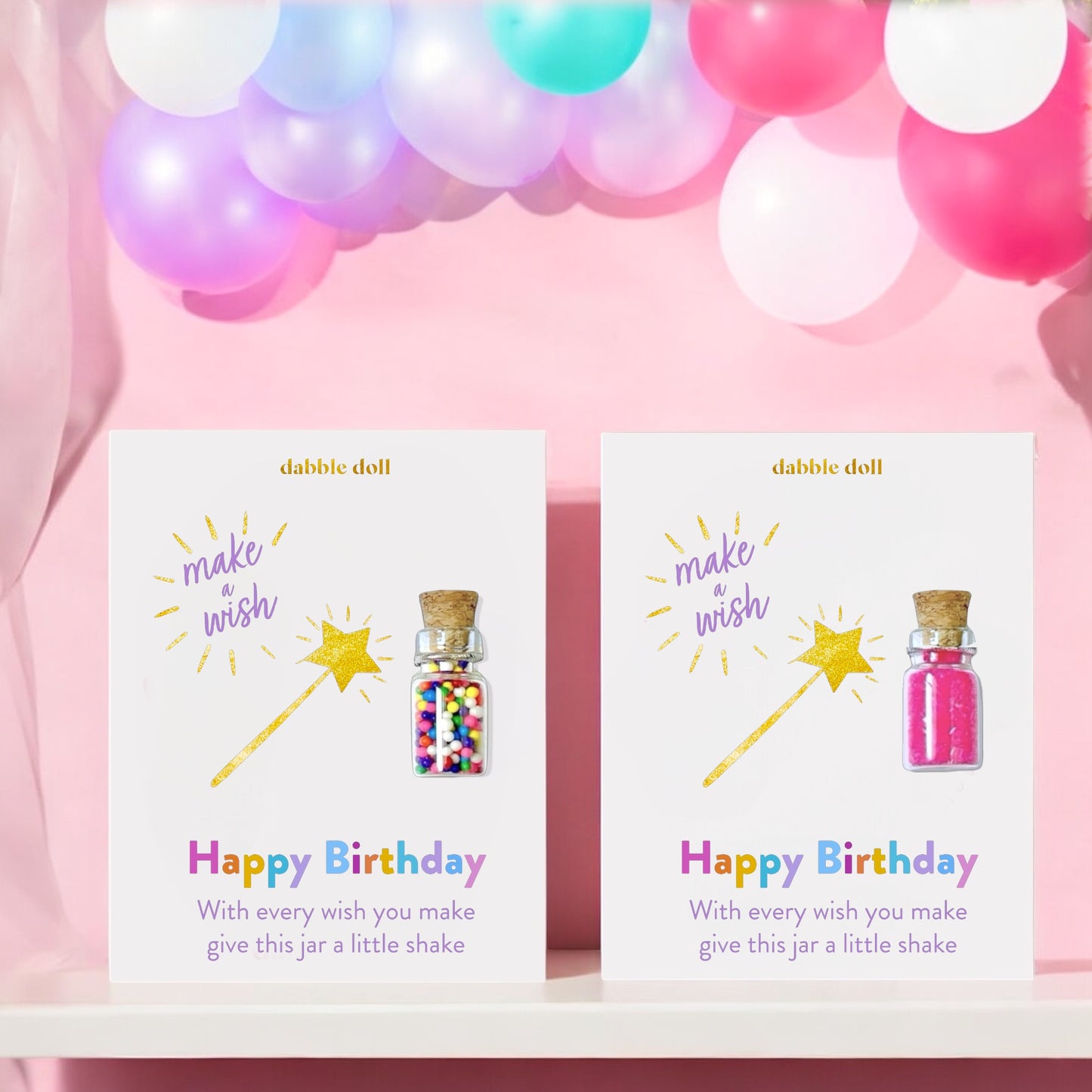 Dabble Doll birthday gift jar set with colorful beads and sparkly glitter for birthday celebrations