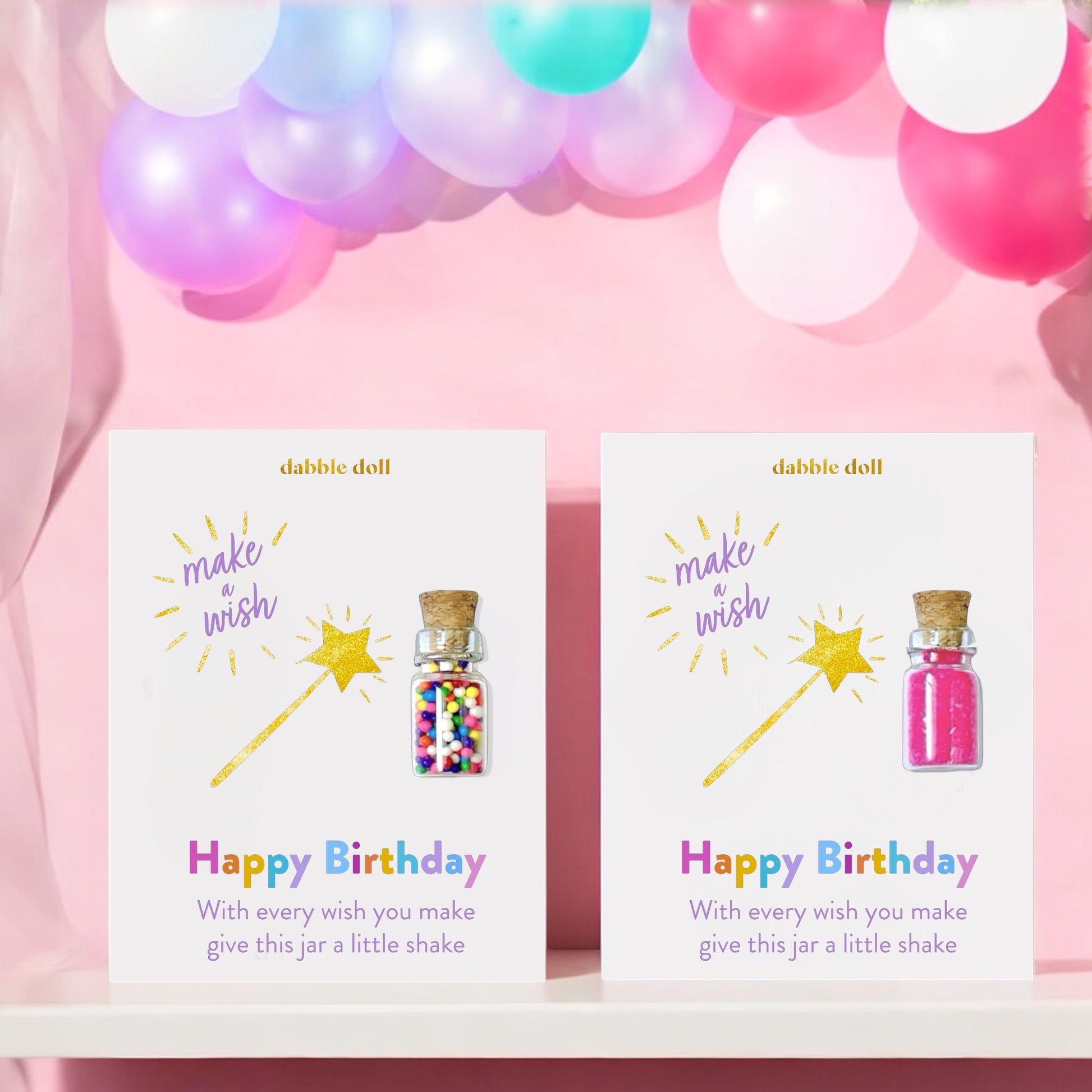 Dabble Doll birthday gift jar set with colorful beads and sparkly glitter for birthday celebrations