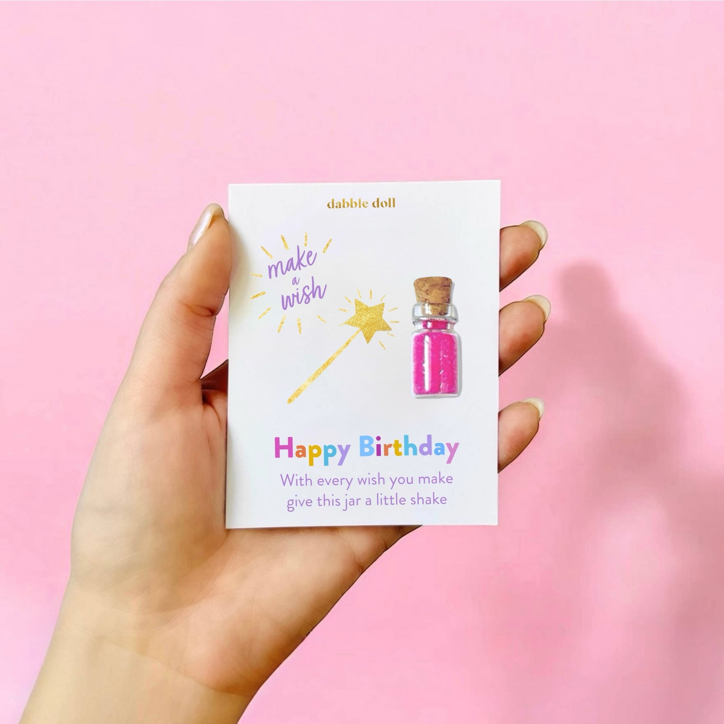 Dabble Doll Birthday Gift Box with a colorful card for making wishes and celebrating birthdays